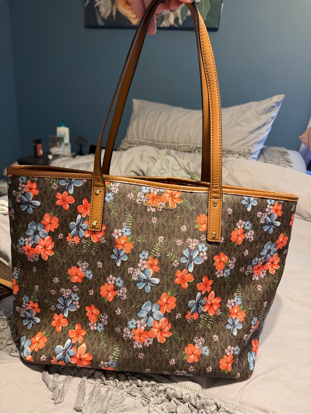 Michael Kors Brown Floral Tote with pink & Blue Flowers